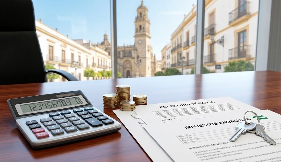 Escritorio de oficina en Jerez con calculadora, monedas y documentos de "Escritura Pública" e "Impuestos Andalucía" para el cálculo de gastos de compra de vivienda.