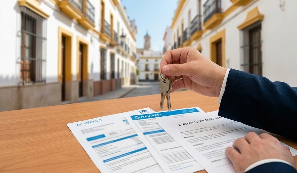 Manos entregando llaves sobre un contrato de alquiler y facturas de Endesa y Aquajerez, ilustrando el cambio de titularidad en Jerez.