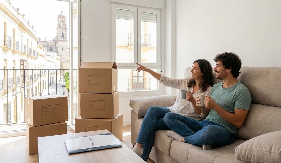 Pareja joven relajada tomando café en el sofá de su nuevo piso en Jerez, rodeada de cajas de mudanza bien organizadas.