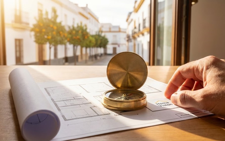 Plano de arquitectura de una vivienda sobre una mesa de madera con una brújula indicando el sur, con una calle típica de Jerez de fondo.
