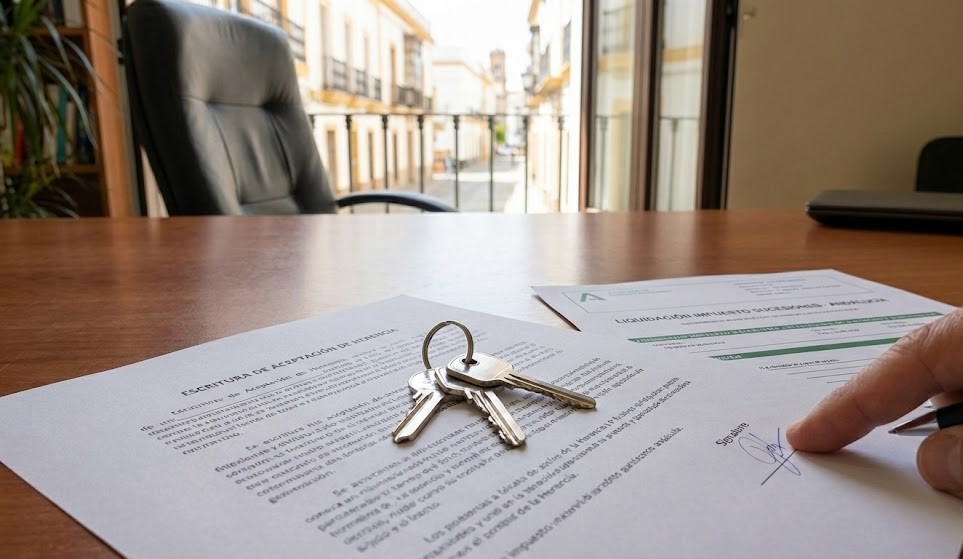 Mano firmando una Escritura de Aceptación de Herencia y Liquidación del Impuesto de Sucesiones en Andalucía, con unas llaves sobre la mesa y vistas a una calle de Jerez.