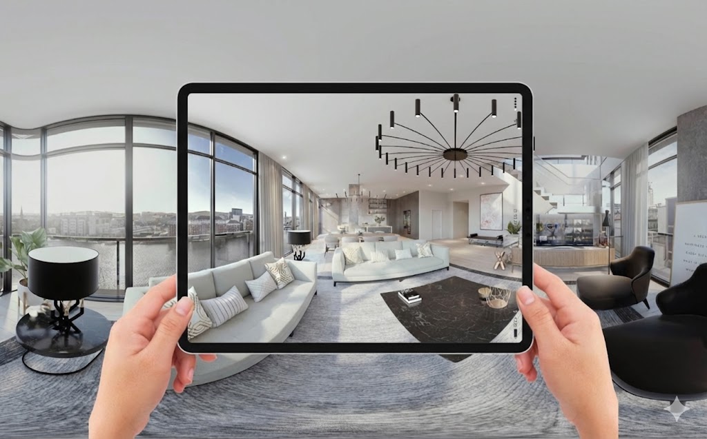 Persona sosteniendo una tablet que muestra una visita virtual interactiva del salón de una vivienda.